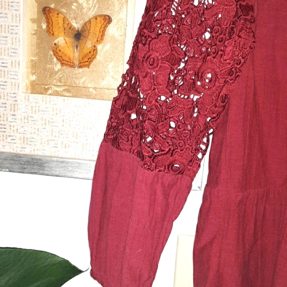Boho peasant top embroidered  lace sleeve  😍 xs womens rusted red color - Picture 3 of 8
